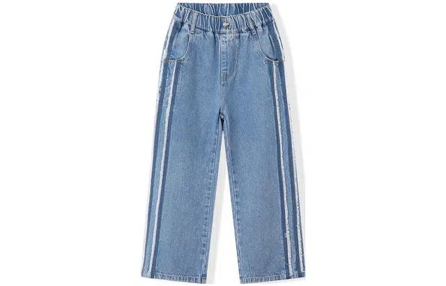 梦特娇 童装 拼接毛边高腰阔腿牛仔裤 女童 牛仔蓝