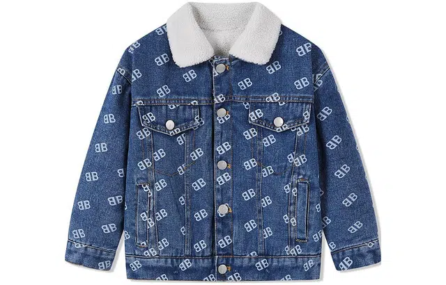巴布豆 童装 字母满印仿羊羔绒夹棉牛仔外套 男童 牛仔蓝