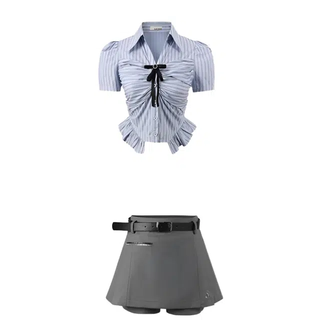 怪力萝莉 舒适百搭收腰短袖衬衫简约气质时尚百褶裙裙装套装 女款