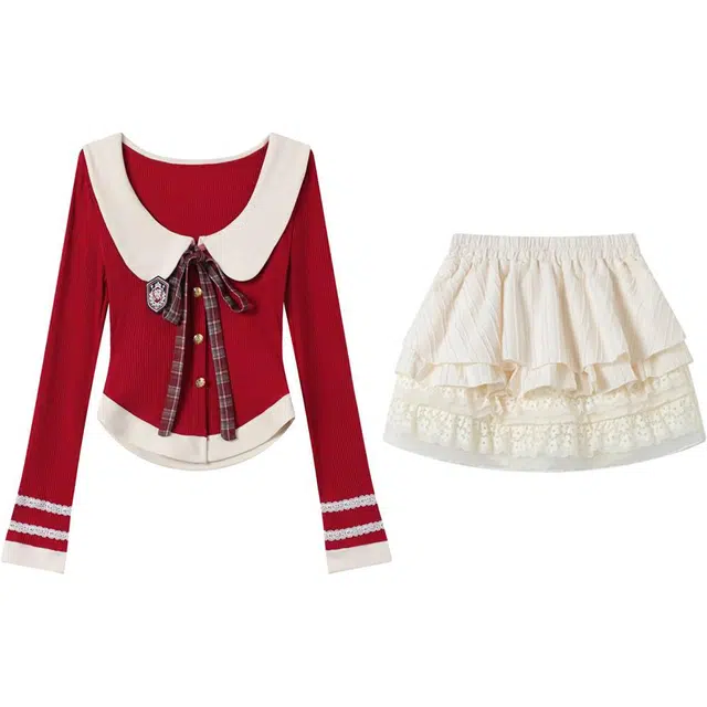 古莲菲 纯欲甜美辣妹简约裙装套装 女款 红白