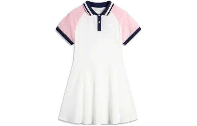 青少年 李宁儿童 运动生活系列 拼色翻领短袖针织连衣裙 乳白色拼粉色袖