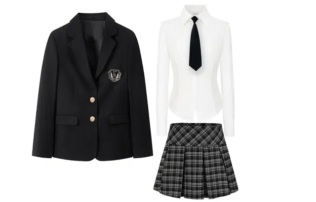 九条喵 学院风简约纯色西装外套收腰纯色衬衫格纹简约半裙制服 女款 黑白
