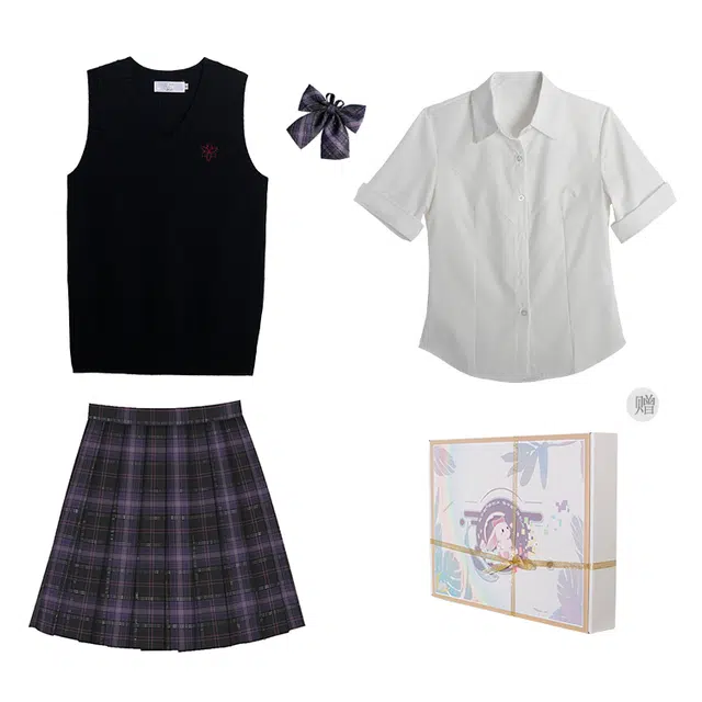 兔半眠 简约时尚通勤马甲纯色短袖衬衫格子半身裙制服 女款