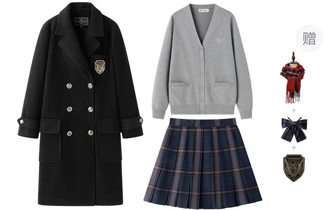 东鲸岁时记 韩系学院风中长款大衣开衫长袖针织衫格子百褶短裙制服 女款