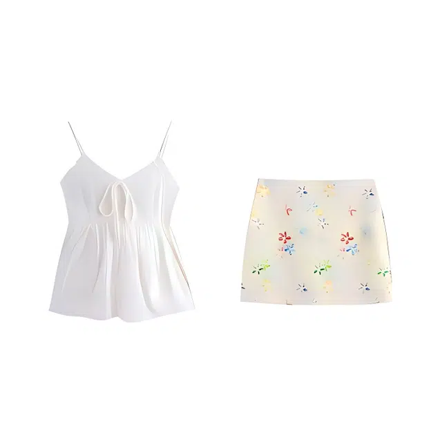 小菊川栗 休闲舒适百搭吊带上衣简约气质优雅半身裙裙装套装 女款