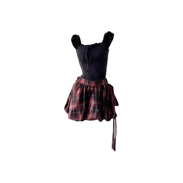 小菊川栗 学院风时尚休闲潮流纯欲甜美装女一字肩波点挂脖上衣格纹蝴蝶结蓬蓬裙子一整套裙装套装 女款