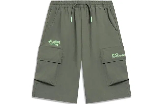 李宁儿童 字母刺绣松紧腰直筒宽松运动儿童短裤 儿童款 灰军绿