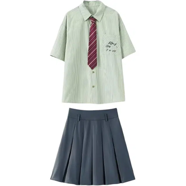 木清清 港风条纹短袖衬衫百褶裙日系学院风小个子裙装套装 女款