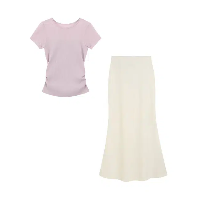 敲模女孩 文艺风修身打底收腰短款短袖上衣高腰长裙裙装套装 女款 粉紫