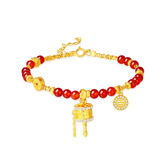 金六福吉祥 中式国风设计六字真言转经筒吉祥如意诸事顺遂万事如意 碎银镀金小众设计复古轻奢天然 玛瑙 手链 女款