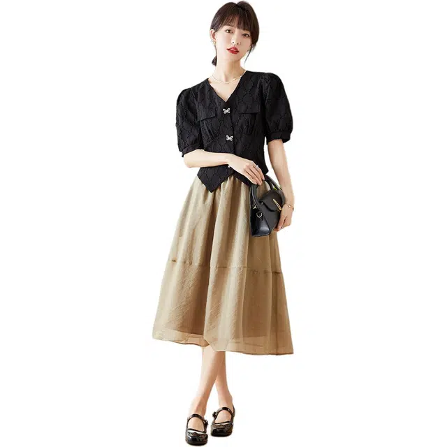 爱依莲 法式时尚复古连衣裙高级感赫本风气质显瘦百搭裙装套装 女款 黑色