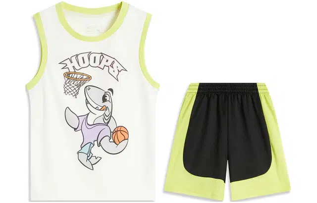 李宁儿童 运动生活系列 卡通字母印花无袖上衣拼色短裤休闲运动套装 儿童款 鲨鱼灌篮手