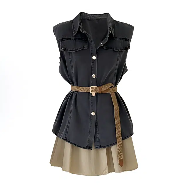 小菊川栗 学院时尚休闲潮流甜辣穿搭牛仔马甲连衣裙时尚装设计感小众洋气减龄收腰短裙裙装套装 女款