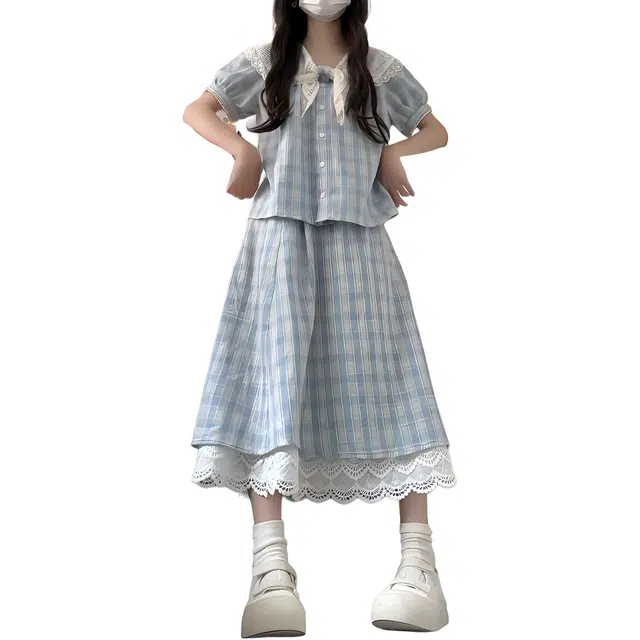 珠蒂美 学院法式甜美风蕾丝拼接格纹裙装套装 女款
