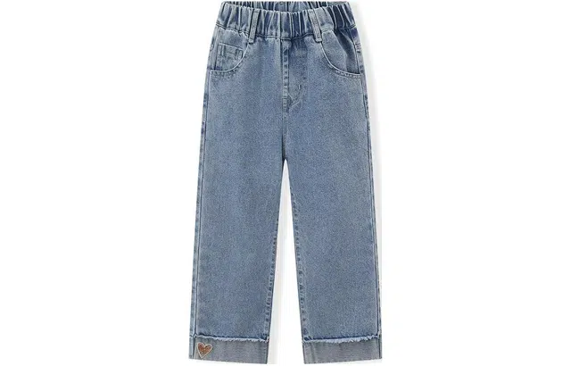 梦特娇 童装 爱心卷边中腰直筒阔腿牛仔裤 女童 牛仔蓝