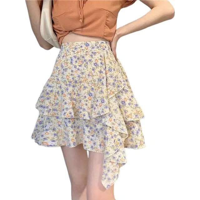 哒头下雨不愁 碎花洋气高腰半身裙不规则蛋糕裙防走光休闲短裙 女款