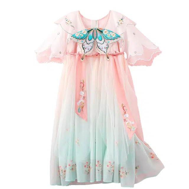 十月妈咪 中式国风刺绣碎花网纱短袖连衣裙汉服 夏 儿童款 湛蓝蝴蝶