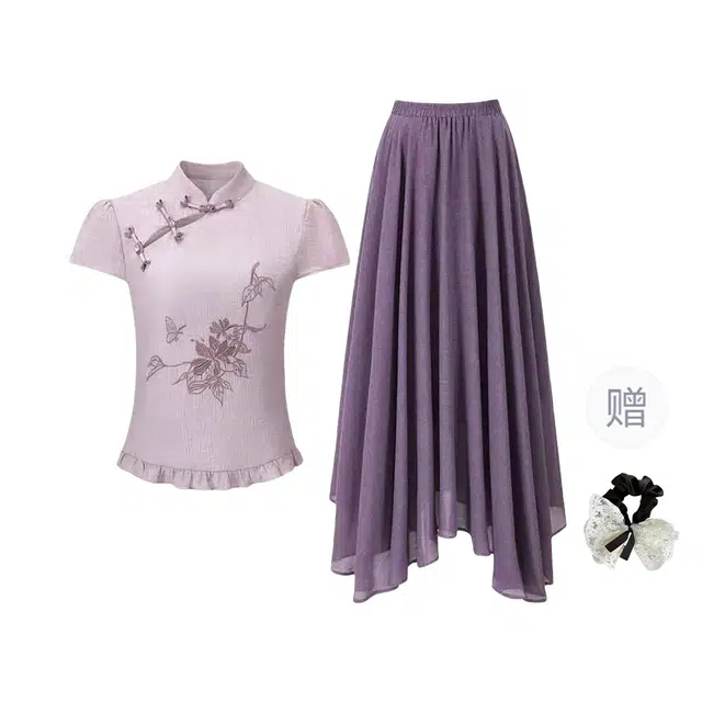 涂诗菲 新中式国风绣花镂空木耳边上衣高腰显瘦半身裙两件套裙装套装 女款