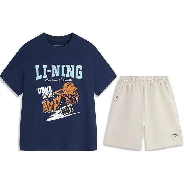 李宁儿童 运动生活系列 字母印花圆领短袖纯色松紧短裤休闲运动套装 儿童款 深航舰蓝/曙光灰