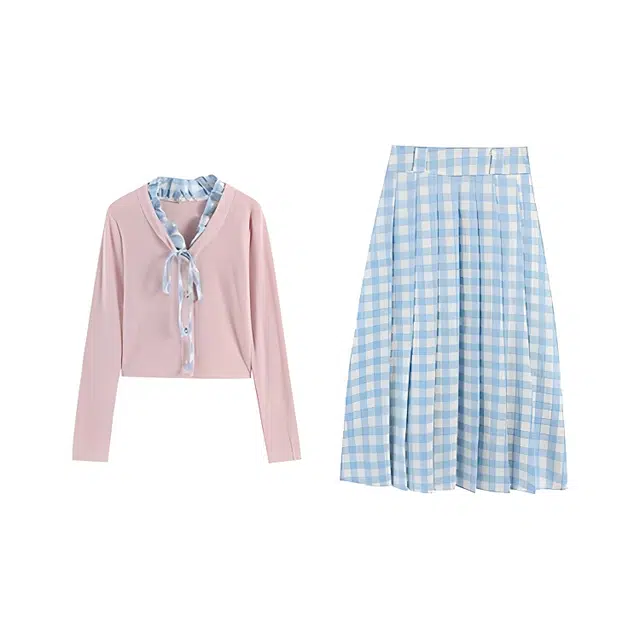 小菊川栗 学院风时尚休闲法式长袖上衣半身裙裙装套装 女款