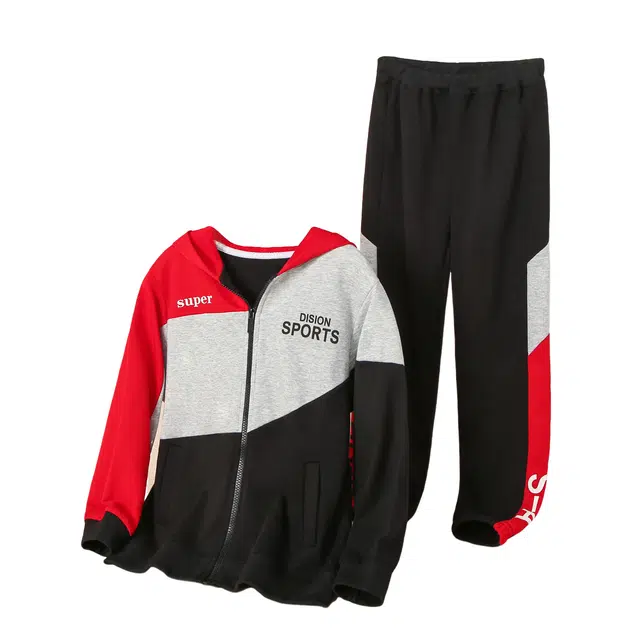 十月妈咪 印花连帽卫衣拉链长袖外套拼色长裤字母适中上装下装休闲运动套装 春秋 儿童款 红色