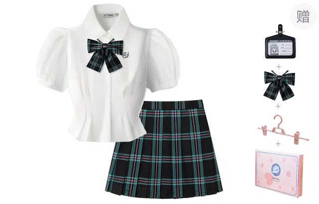 东鲸岁时记 学院风修身收腰长袖衬衫格子百褶裙裙装套装 女款