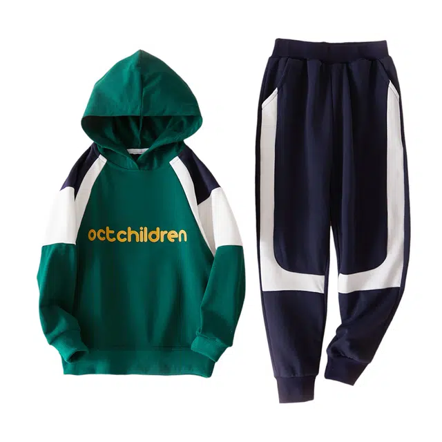 儿童款 十月妈咪 连帽拼色字母印花上衣束脚松紧长裤休闲运动套装 墨绿
