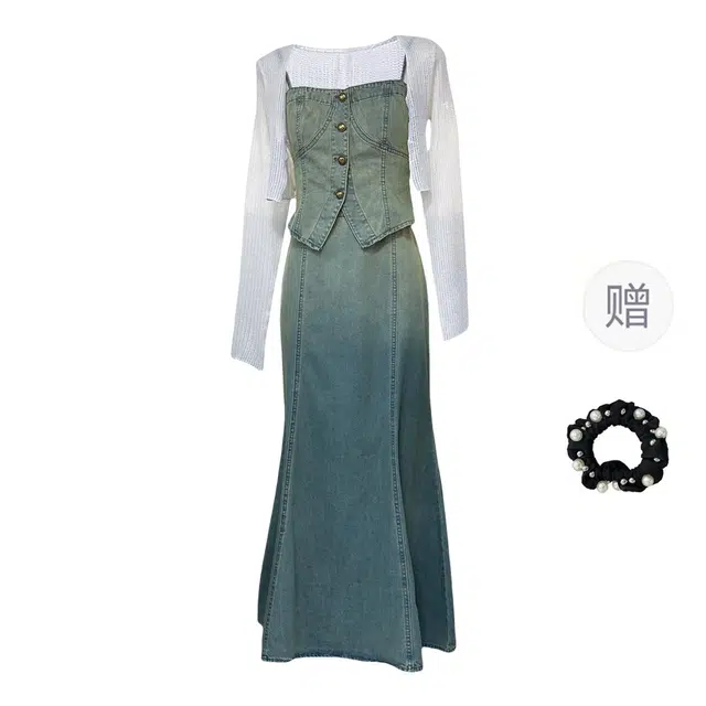 雾闪闪 复古时尚牛仔吊带上衣高腰渐变色鱼尾半裙短款披肩开衫三件套裙装套装 女款