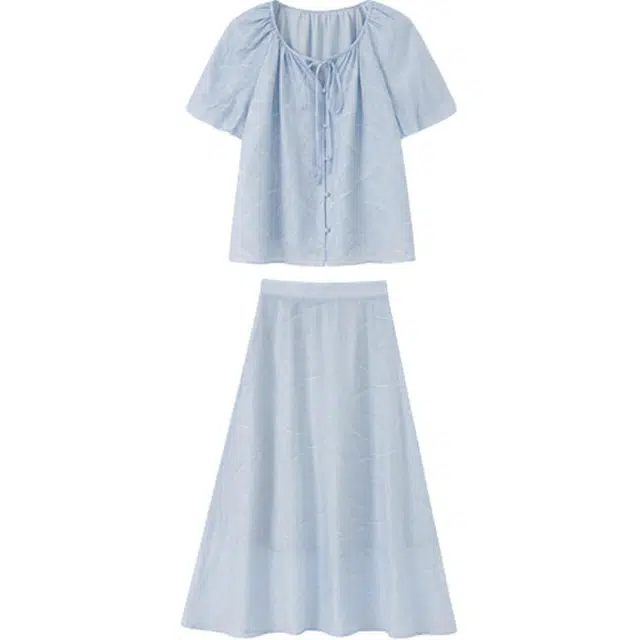 张三的歌 舒适百搭短袖合身气质长裙裙装套装 女款 水漾蓝