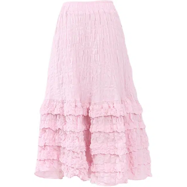 玫丝朵 复古高腰多层次褶皱设计时尚百搭蛋糕休闲长裙 女款 粉色