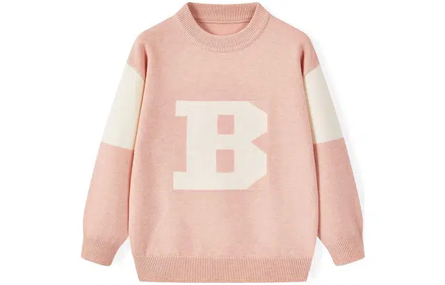 巴布豆 童装 字母提花圆领长袖毛衣 男童女童 粉红