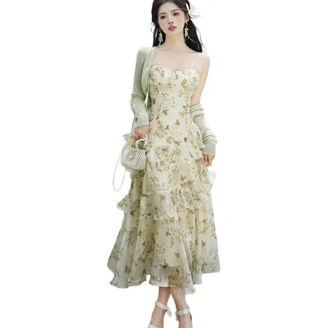 莫代尔 法式碎花吊带连衣裙小清新舒适时尚长袖针织衫裙装套装 女款