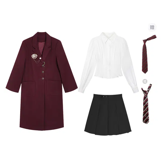 冰淇淋与鲸 学院风韩系慵懒纯色保暖外套宽松百搭中长款大衣收腰长袖衬衫高腰百褶短裙制服 女款