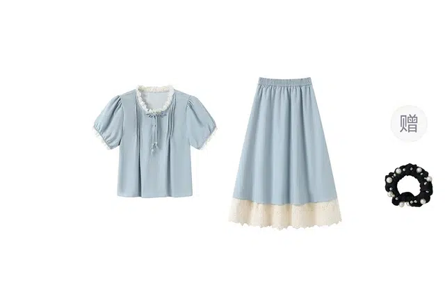 雾闪闪 蕾丝拼接新中式牛仔短袖衬衫半身裙两件套微胖大码裙装套装 女款