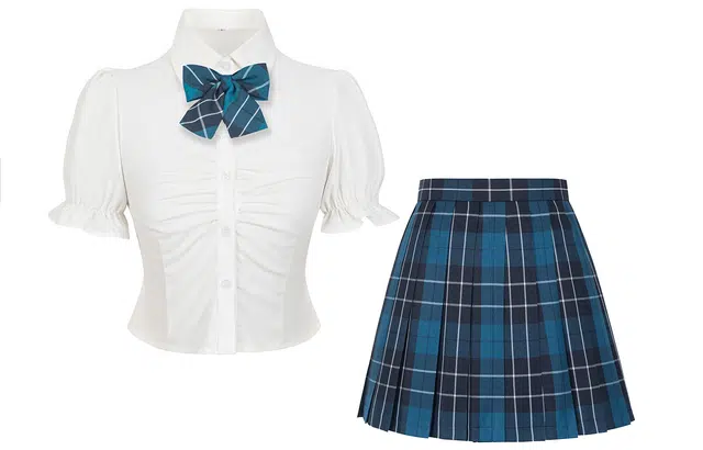 九条喵 学院风尖领短袖上衣中腰修身半身裙制服 女款