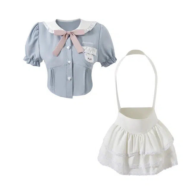 花山家的猫 甜美短款泡泡袖修身背带短袖制服 女款 两件套（蓝色娃娃领衬衫+米色蛋糕吊带裙）