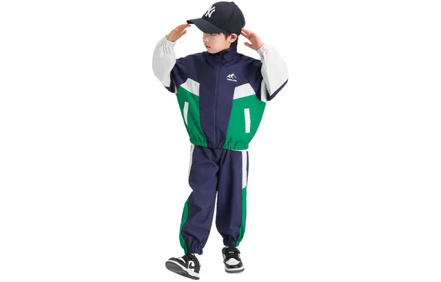 左西 拼色立领拉链上衣松紧腰长裤休闲运动套装 儿童款 藏青色