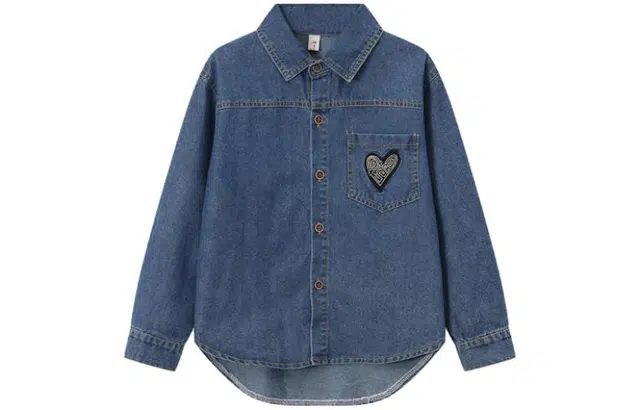 梦特娇 童装 方领爱心休闲长袖衬衫 女童 牛仔蓝