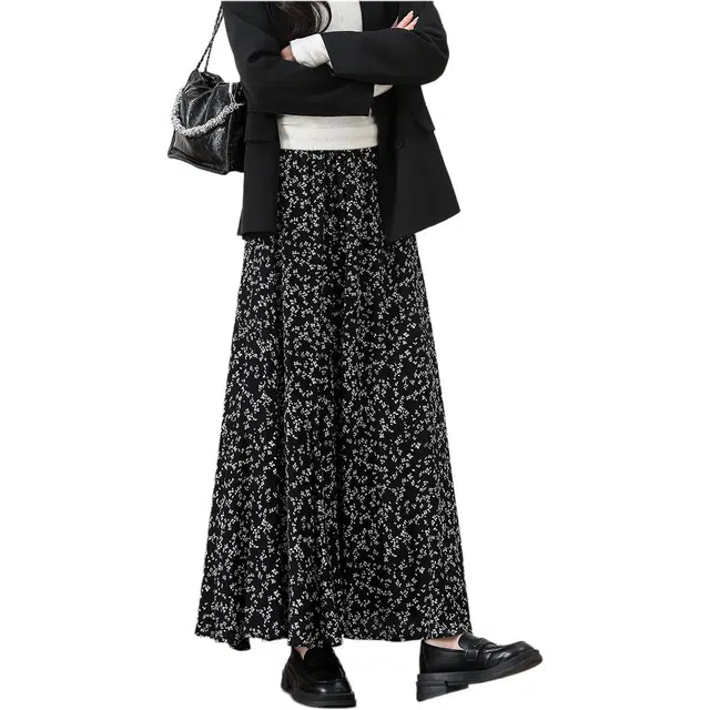 法文箱子 碎花高腰中长款休闲长裙 女款 黑色