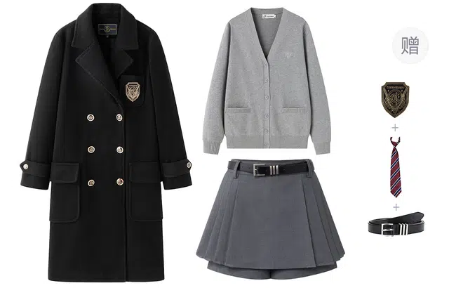 东鲸岁时记 穿搭夹棉保暖毛呢外套长款双排扣毛绒大衣皮带裙制服 女款