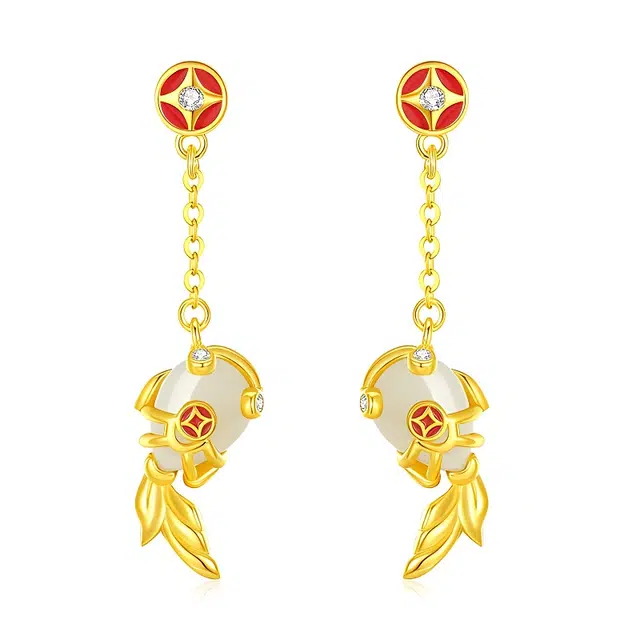 【双珥游财】 潮宏基 锦鲤铜钱 新中式国风 轻奢小众高级设计感 精致优雅时尚气质 年轻简约百搭 珐琅工艺天然 玉髓 耳环 女款