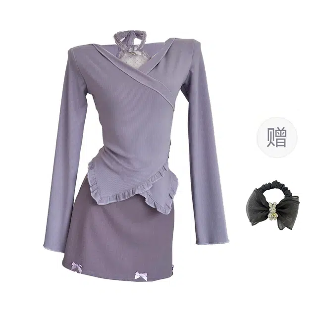 雾闪闪 纯欲风甜辣时尚气质收腰显瘦上衣短裙裙装套装 女款 （紫色两件套/发圈）买赠
