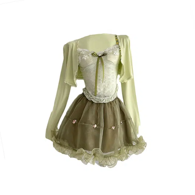 敲模女孩 法式纯欲风甜美收腰蕾丝吊带上衣搭防晒针织罩衫高腰网纱蓬蓬蛋糕短裙裙装套装 女款 绿色