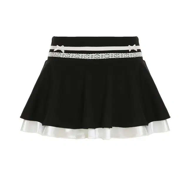 哒头下雨不愁 法式蕾丝撞色百褶休闲短裙 女款 黑色