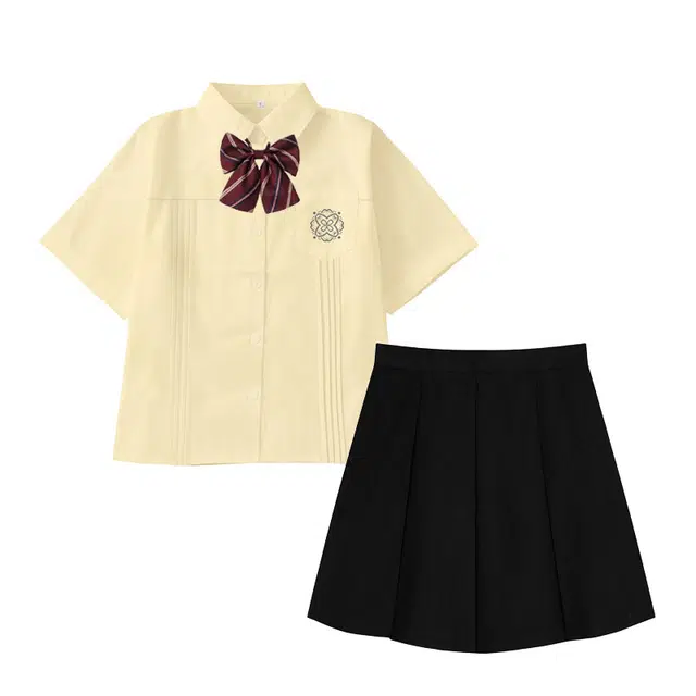 冰淇淋与鲸 学院风方领樱花刺绣风琴褶日系纯色短袖衬衫短款百褶半身裙制服 女款 黄色
