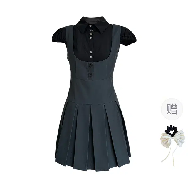 涂诗菲 韩系学院风甜美短袖衬衫收腰修身背心百褶裙两件套裙装套装 女款