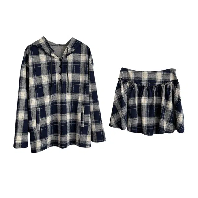 涂诗菲 格纹设计连帽卫衣高腰半身裙两件套裙装套装 女款 蓝米格