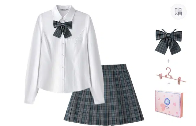 东鲸岁时记 学院风开学季尖领上衣中腰修身半裙制服 女款 白色+灰绿色