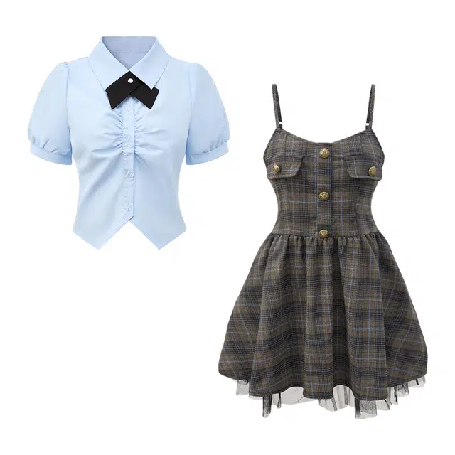 花山家的猫 纯色翻领褶皱泡泡袖短袖衬衫格纹吊带连衣裙制服 女款