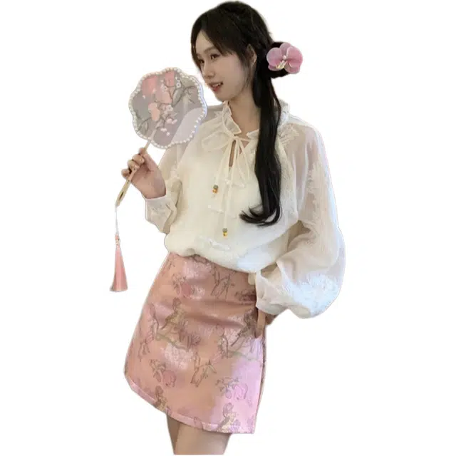 沐晓欣 轻奢高级感系带宽松甜美衬衫提花高腰半身裙裙装套装 女款